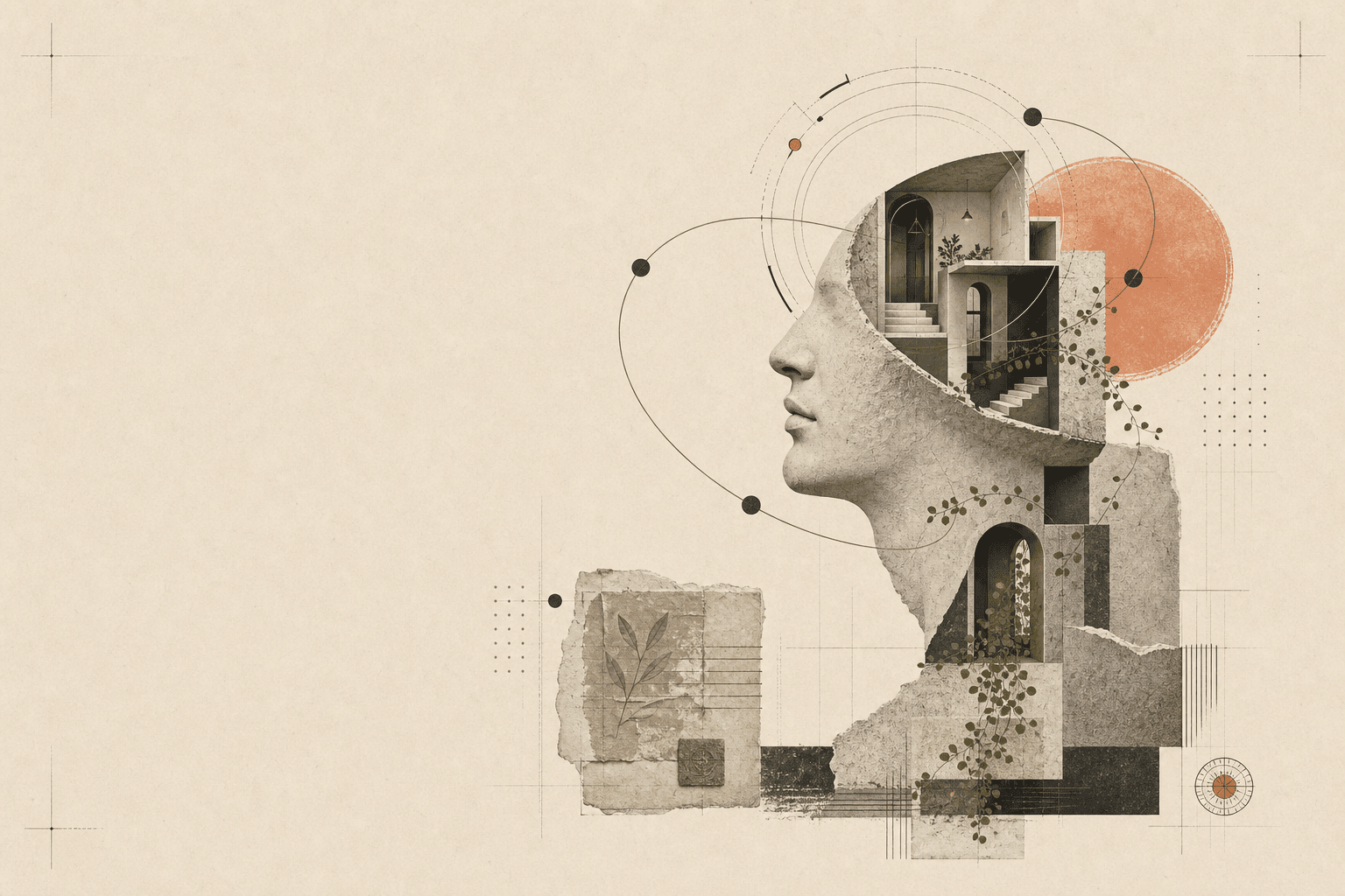 Abstract editorial artwork showing a memory field around a classical head and architectural forms